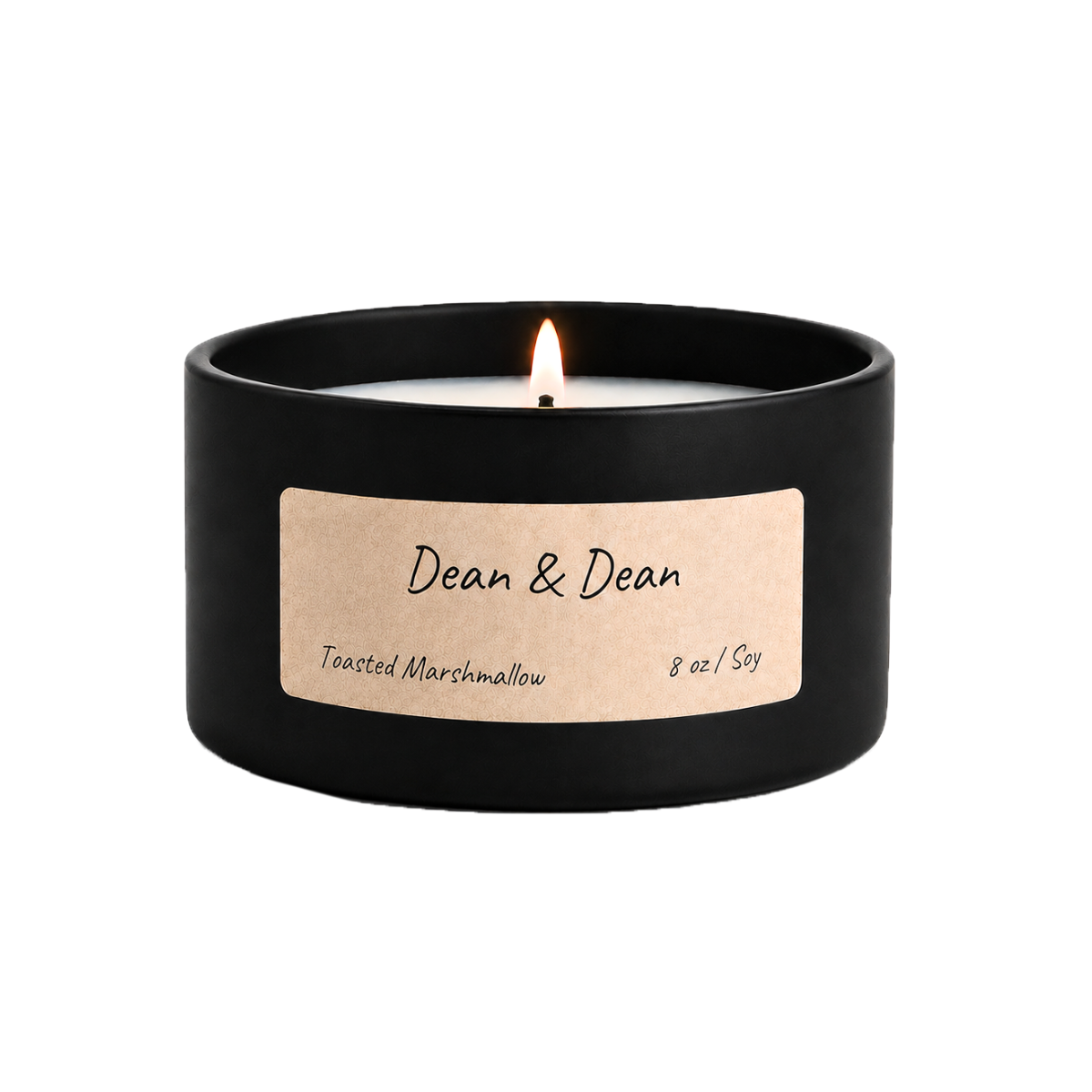 Black candle with aDean & Dean label on a white background