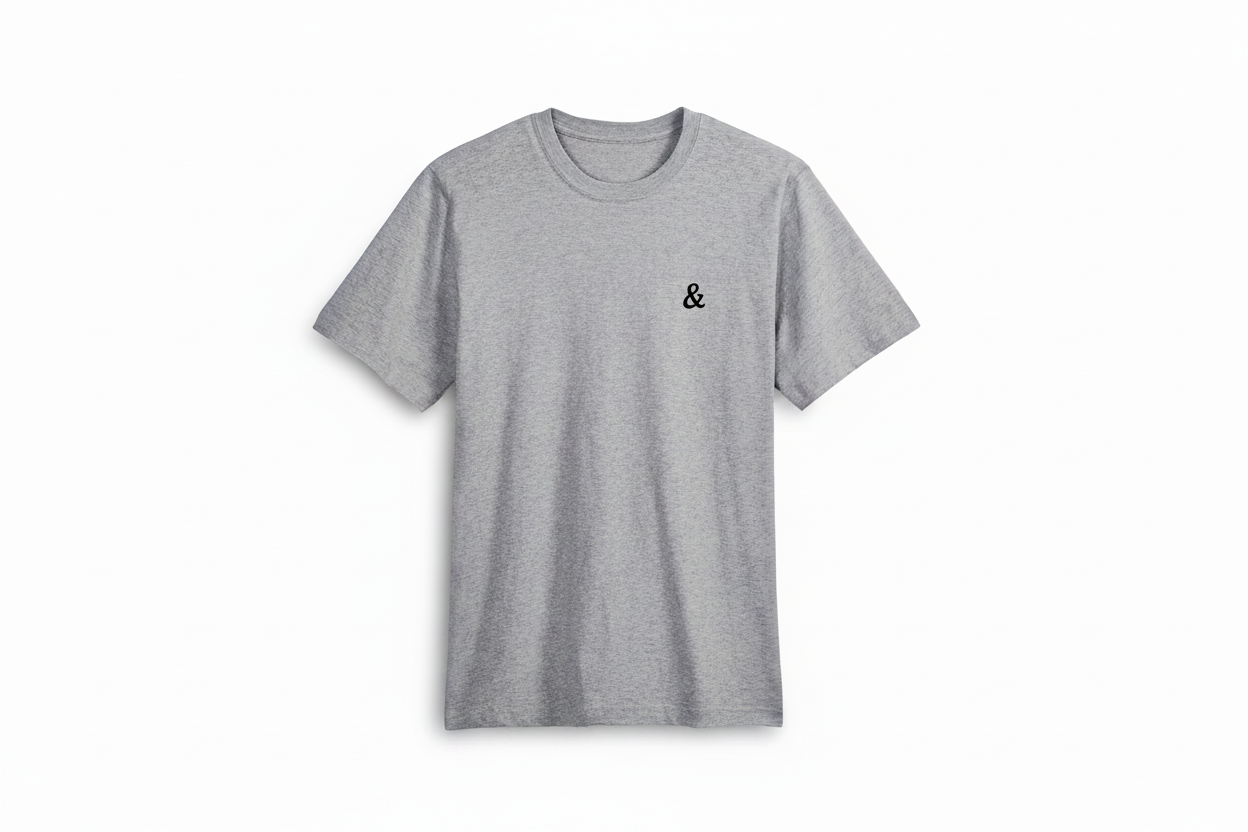 D&D Midweight T-Shirt Heather Grey with larger & logo on white background
